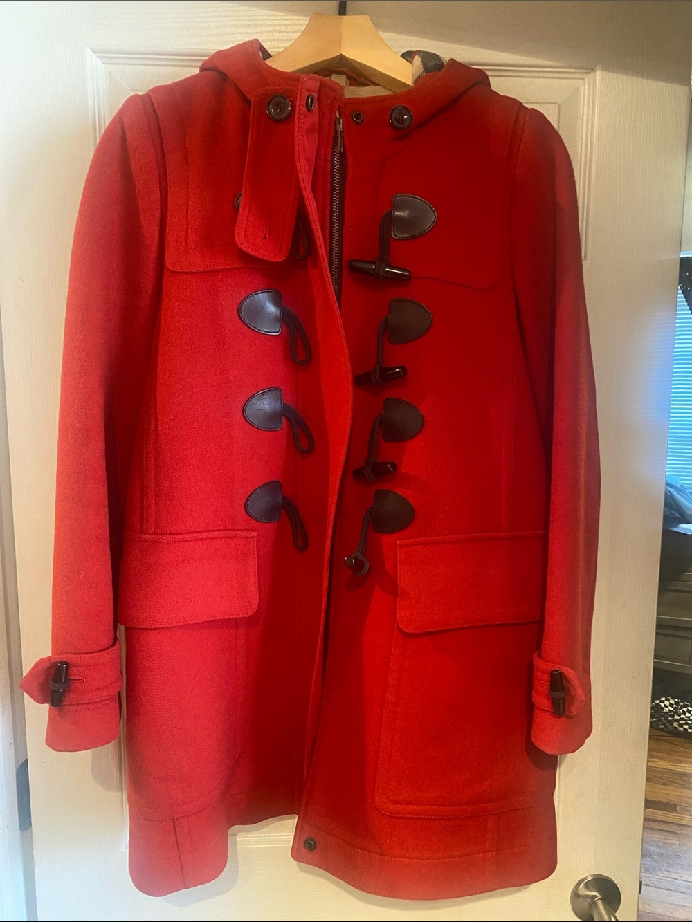 Burberry Red Wool Toggle Hooded Peacoat